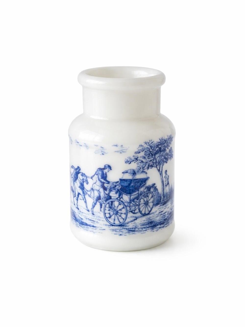 Vintage Milk Glass Bud Vase Blue Transferware Scene Made in Belgium Mini Vase